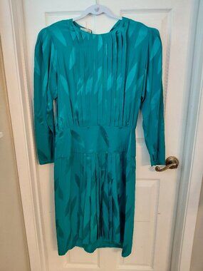 Vintage Adrianna Papell Silk Midi Dress Long Sleeve Green Size 12 Retro 80s